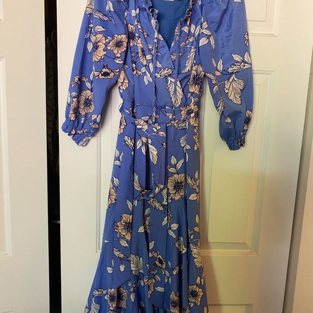 Eliza J Floral Faux Wrap Dress Size 8 Dusty Blue Ruffle Midi Belted Boho Wedding